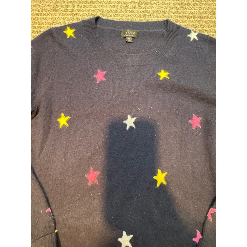 J.Crew Navy Blue 100% Cashmere Star Print Crewneck‎ Sweater Womens Medium M